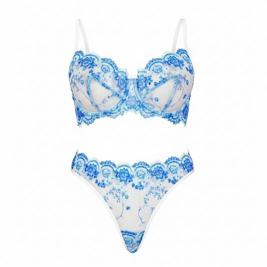 Embroidered mesh Lingerie set baby Blue