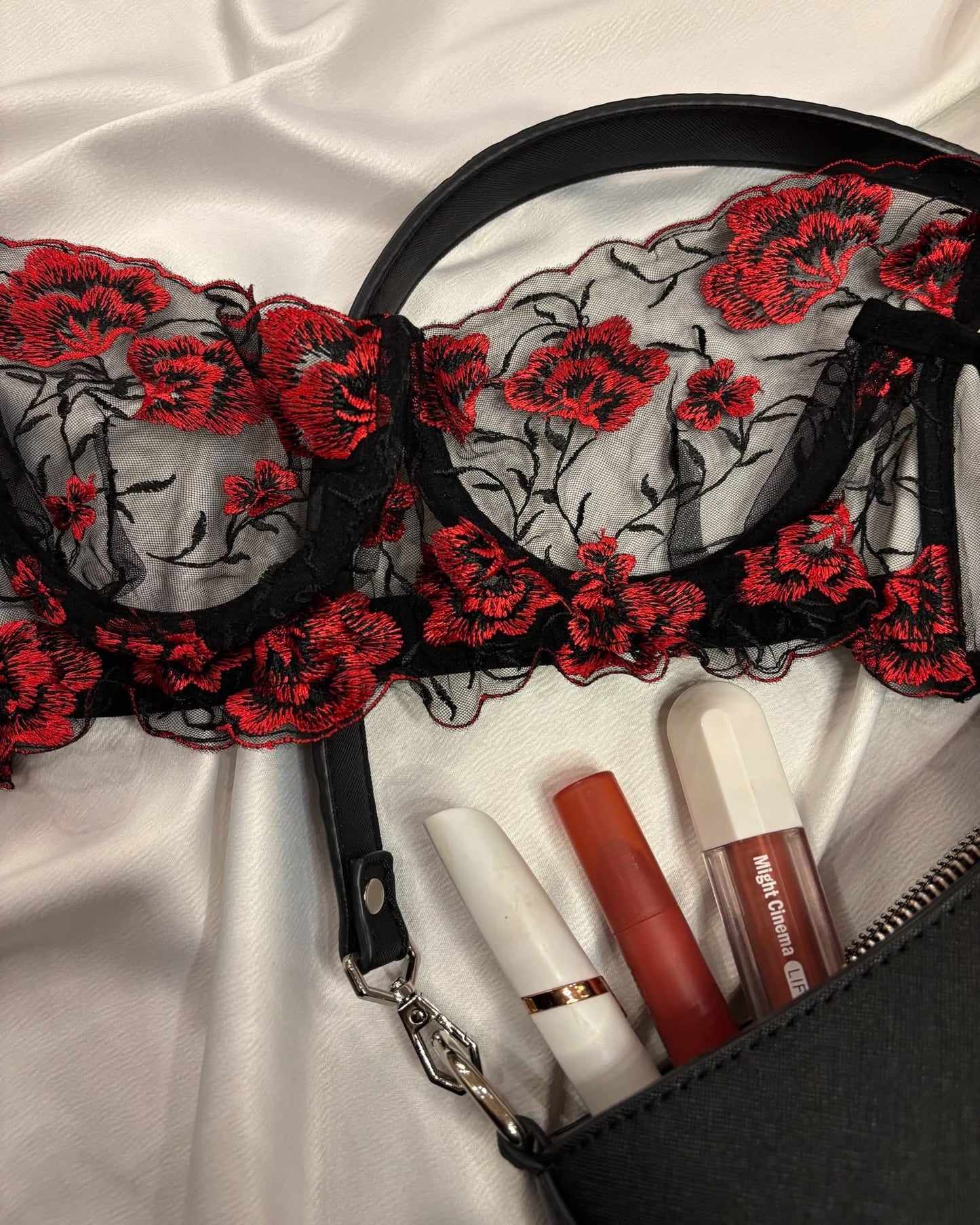 Floral Embroidered Lingerie Set - Black in Red
