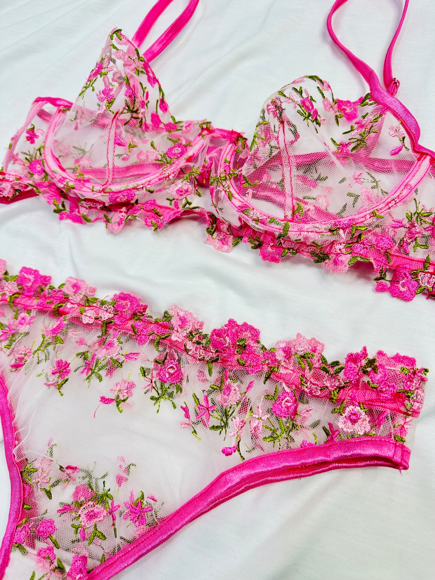 Floral Embroidered mesh Lingerie set pink