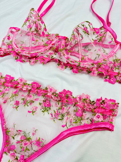 Floral Embroidered mesh Lingerie set pink