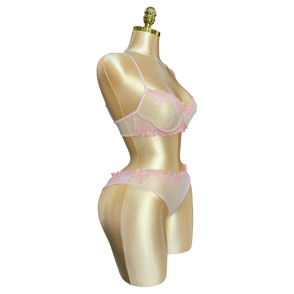 Floral Embroidered mesh Lingerie set Powder Pink