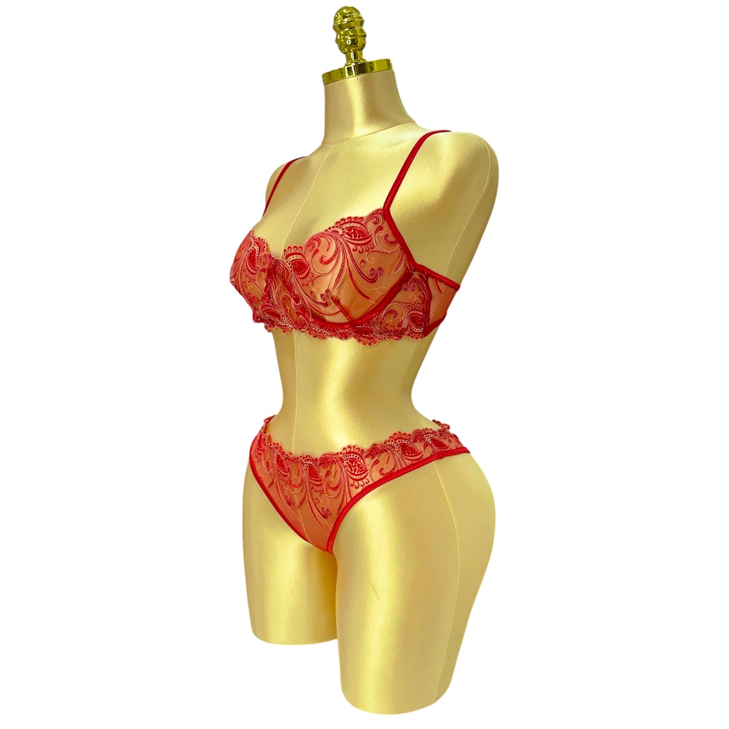 Embroidered Mesh Lingerie set Red