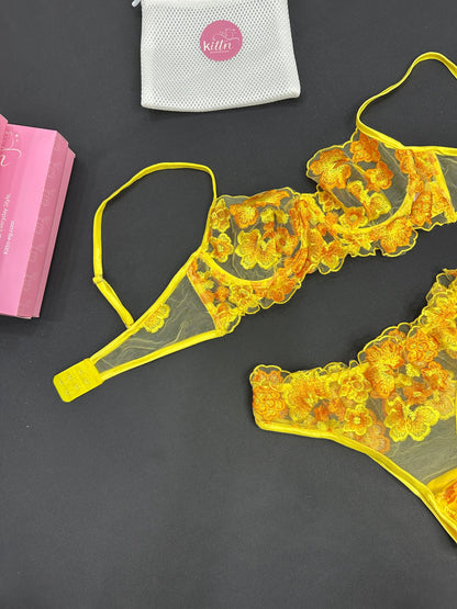 Floral Embroidered Mesh Lingerie Set