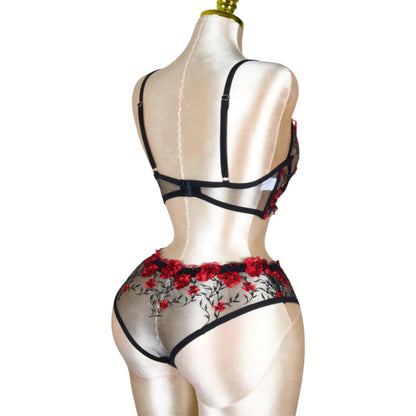 Floral Embroidered Lingerie Set - Black in Red