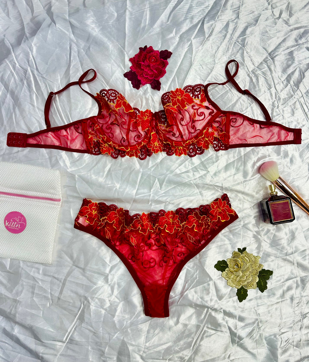 Floral Embroidered Lingerie Set - Red