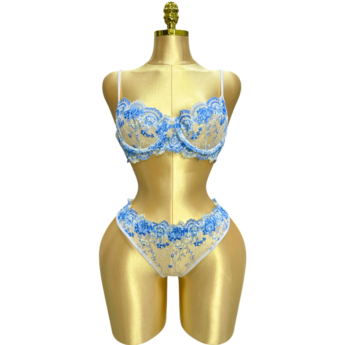 Embroidered mesh Lingerie set baby Blue