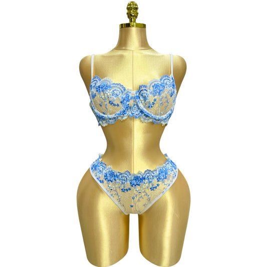 Embroidered mesh Lingerie set baby Blue