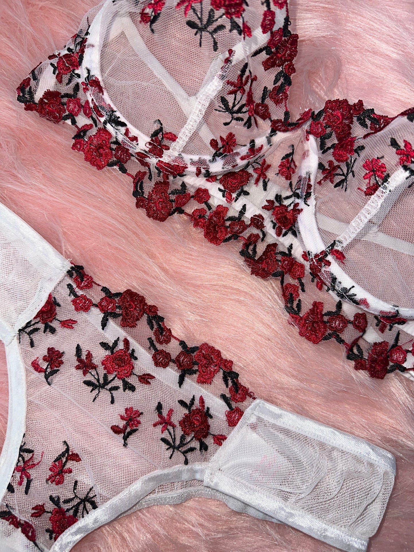 Embroidered mesh Lingerie set red and white