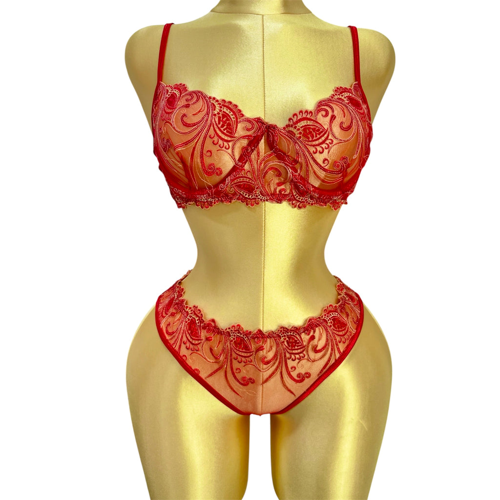 Embroidered Mesh Lingerie set Red