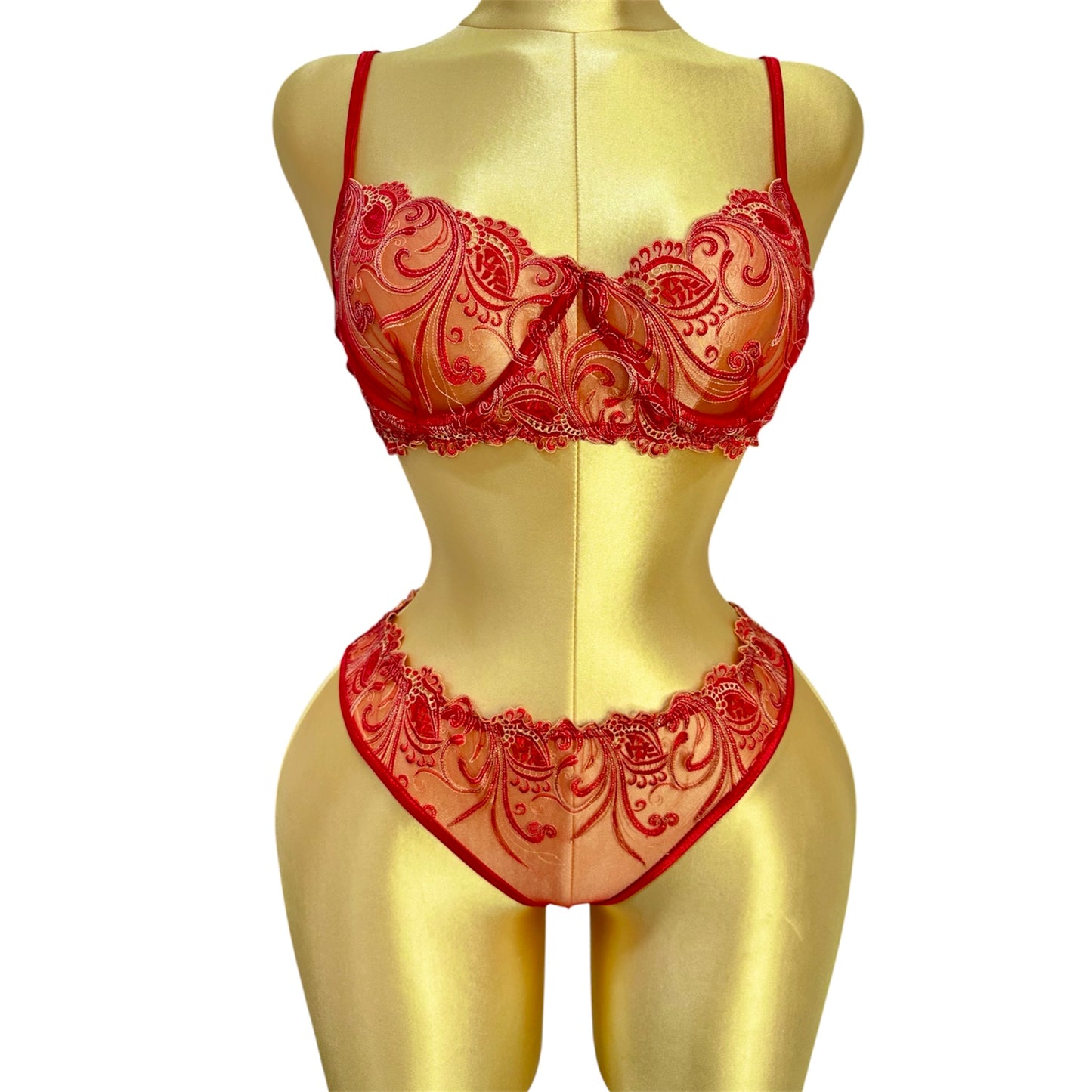 Embroidered Mesh Lingerie set Red