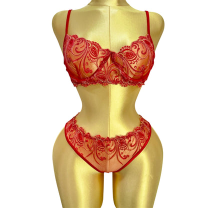 Embroidered Mesh Lingerie set Red