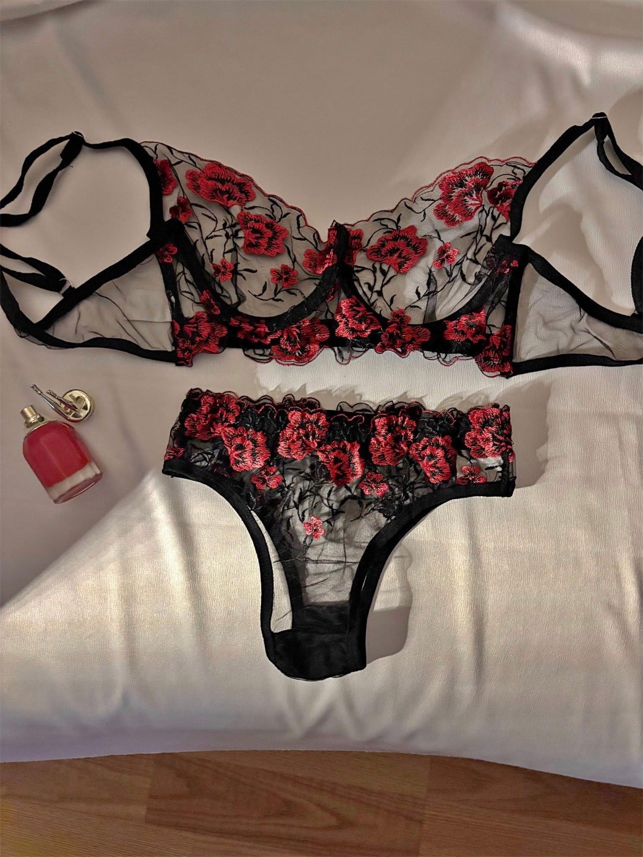 Floral Embroidered Lingerie Set - Black in Red