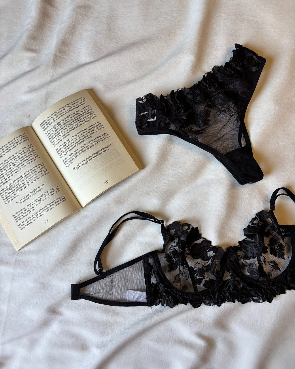 Floral Embroidered Mesh Lingerie Set Black