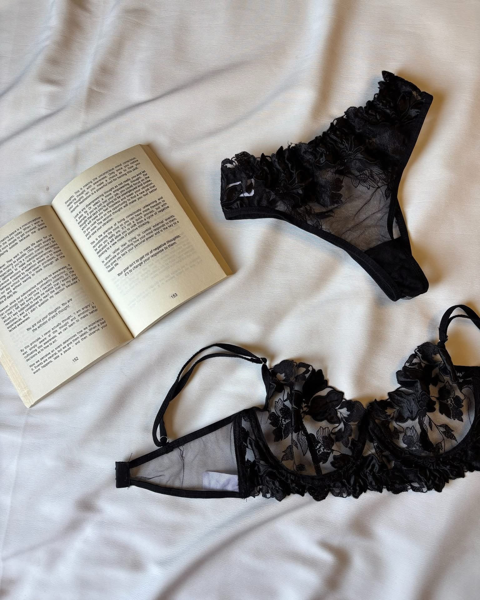 Floral Embroidered Mesh Lingerie Set Black