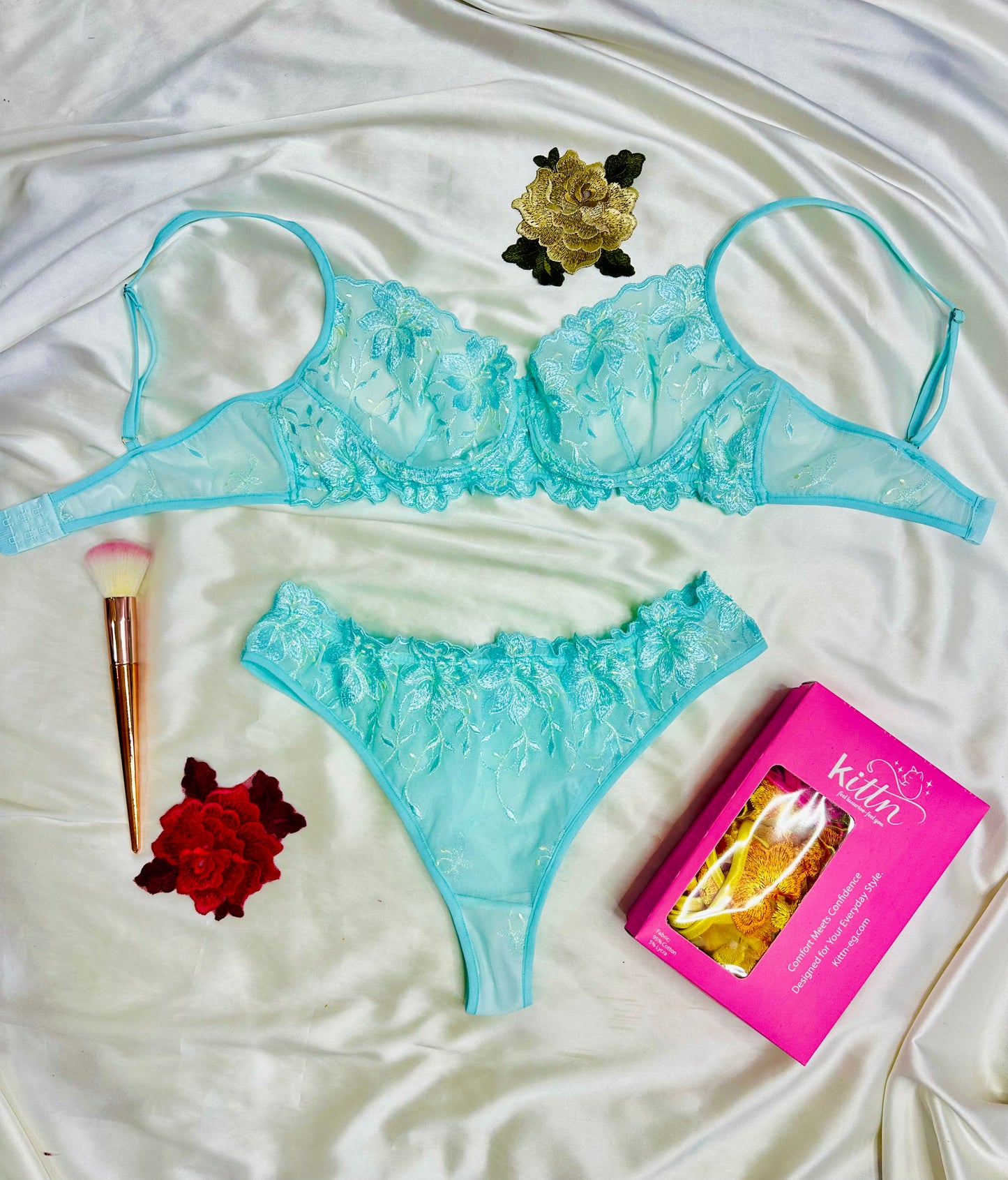 Floral Embroidered mesh Lingerie set Turquoise
