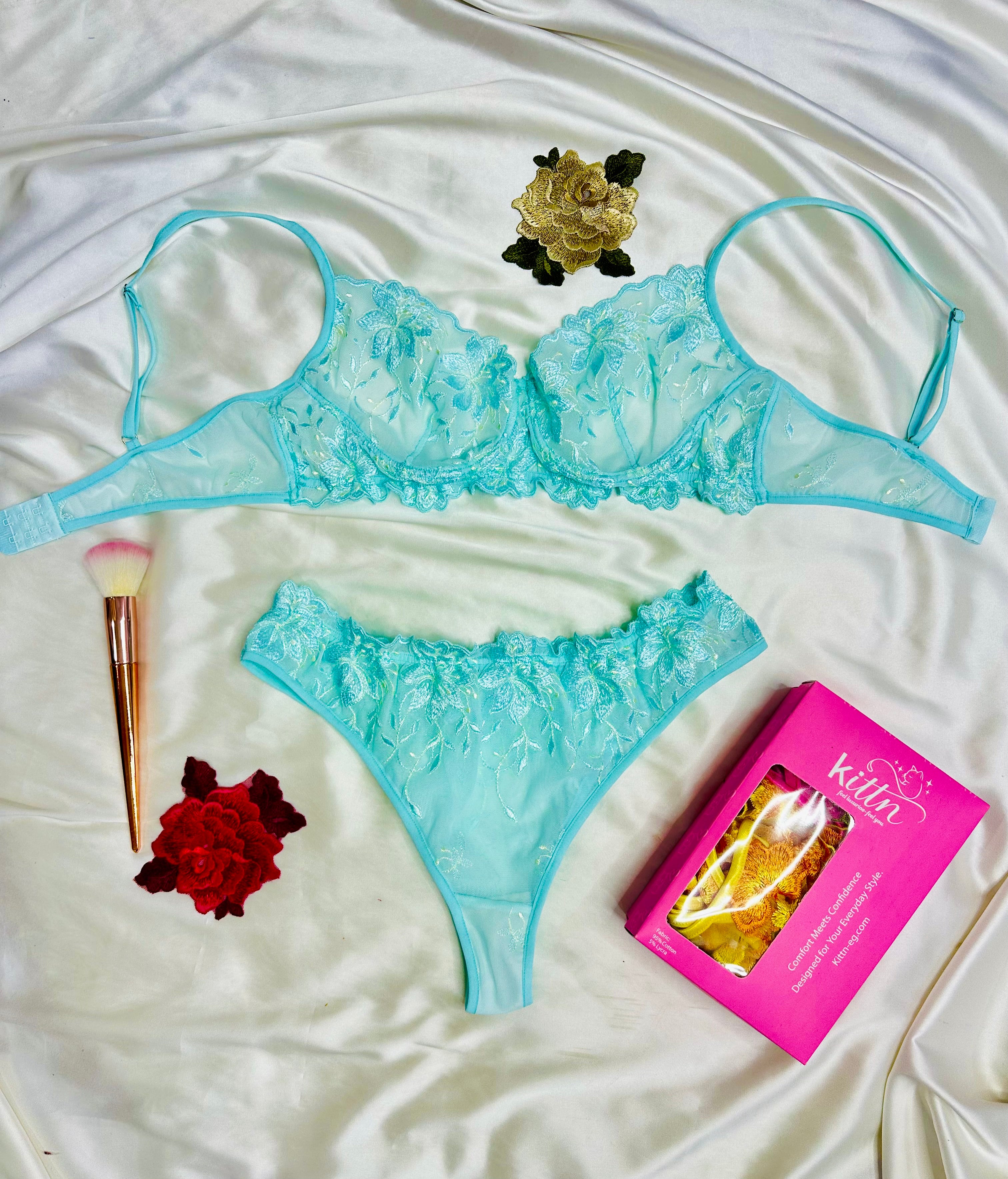 Floral Embroidered mesh Lingerie set Turquoise