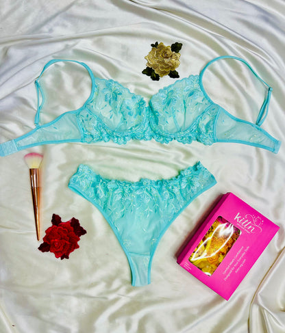 Floral Embroidered mesh Lingerie set Turquoise