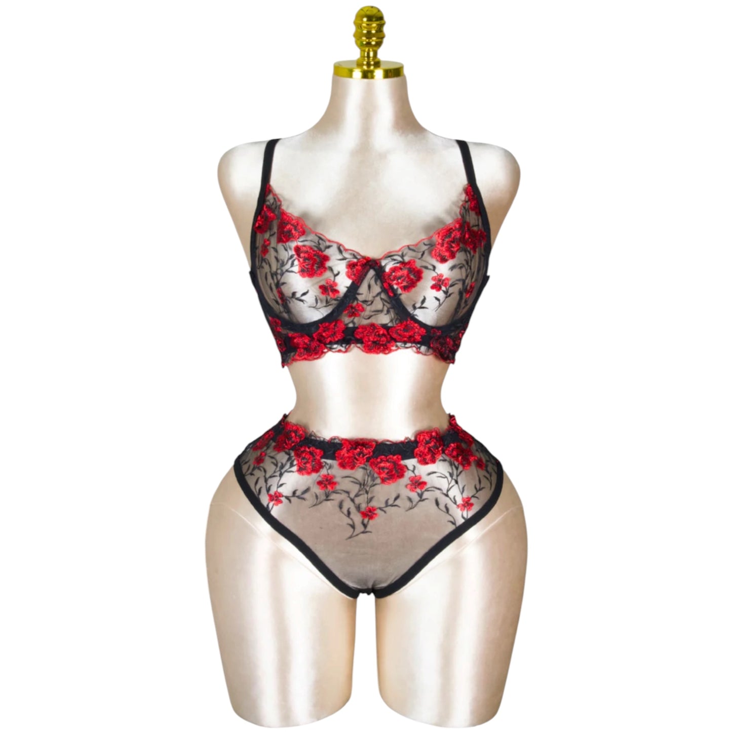 Floral Embroidered Lingerie Set - Black in Red
