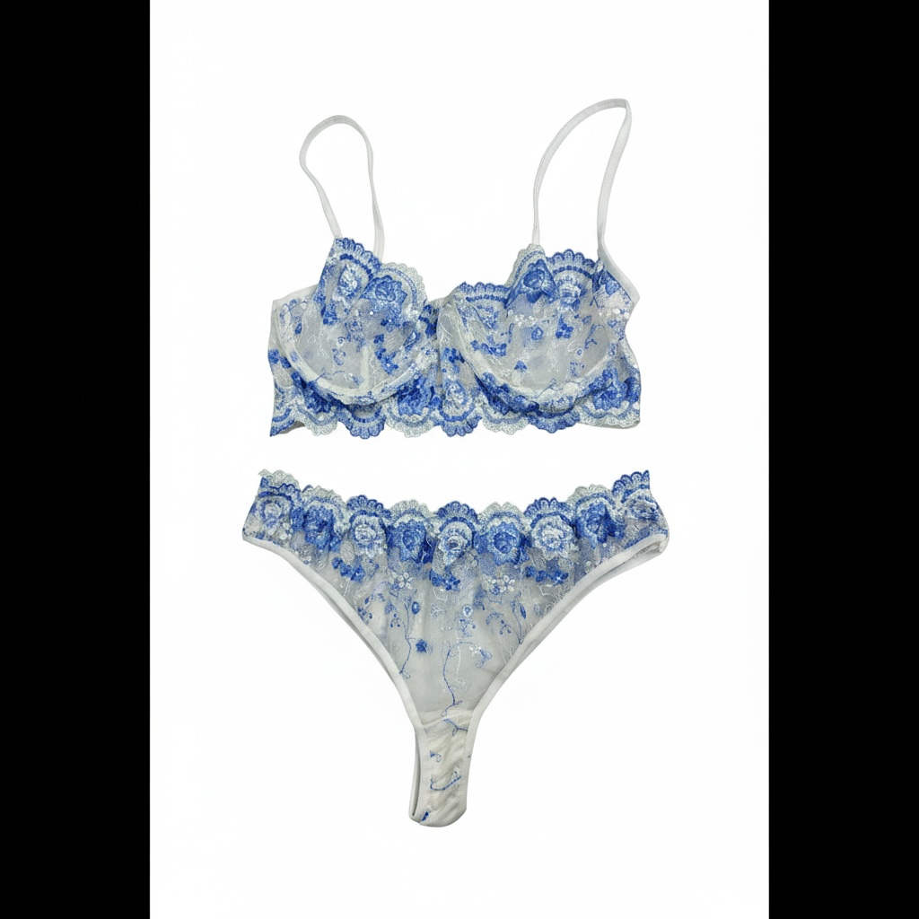 Embroidered mesh Lingerie set baby Blue
