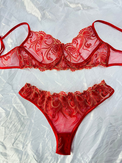 Embroidered Mesh Lingerie set Red
