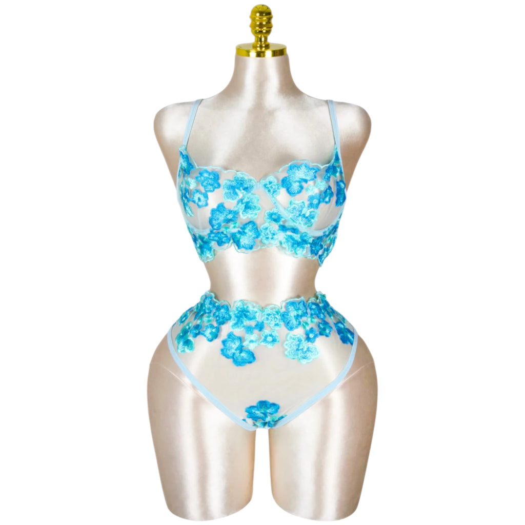 Floral Embroidered Lingerie Set - Baby Blue