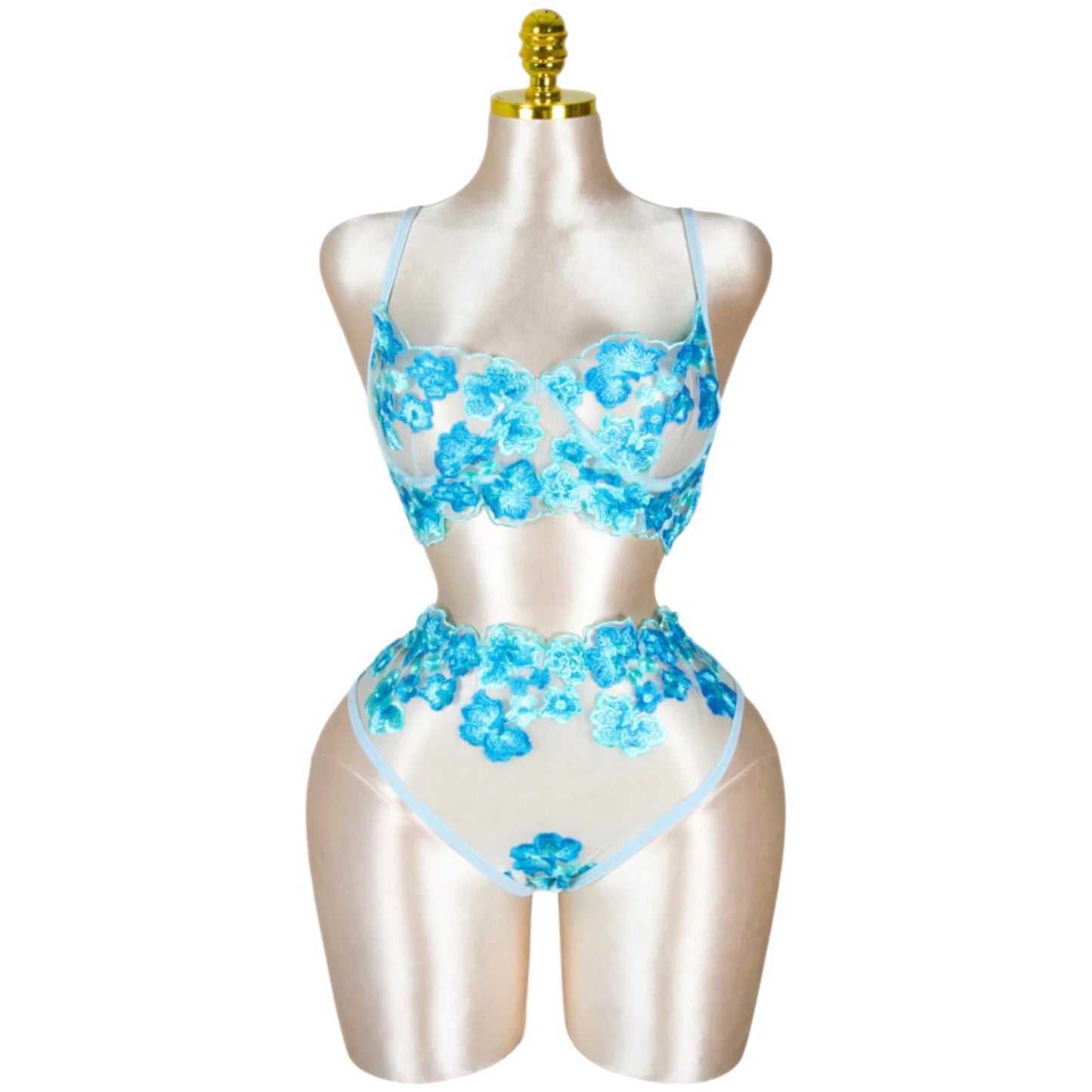 Floral Embroidered Lingerie Set - Baby Blue