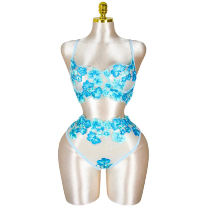 Floral Embroidered Lingerie Set - Baby Blue