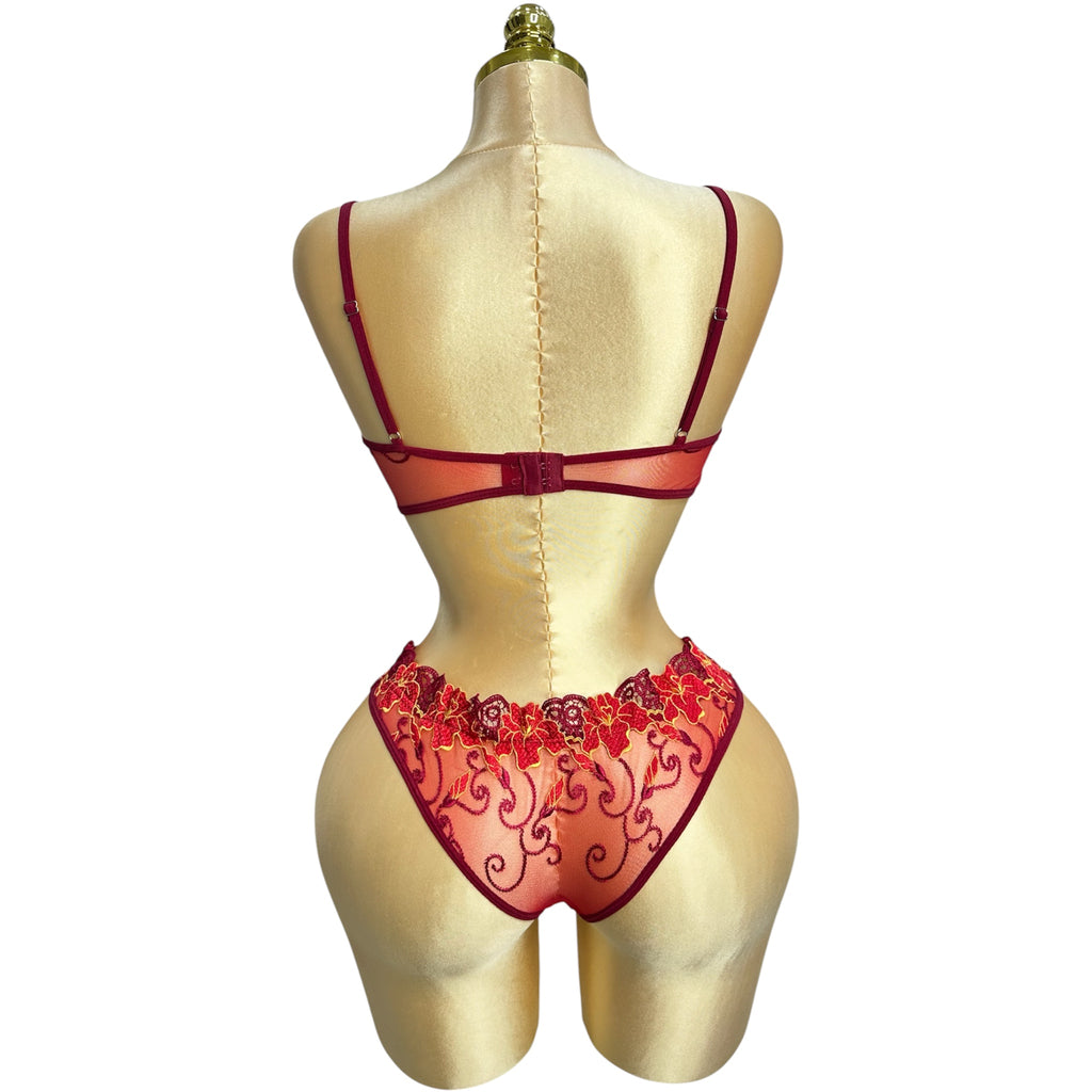 Floral Embroidered Lingerie Set - Red