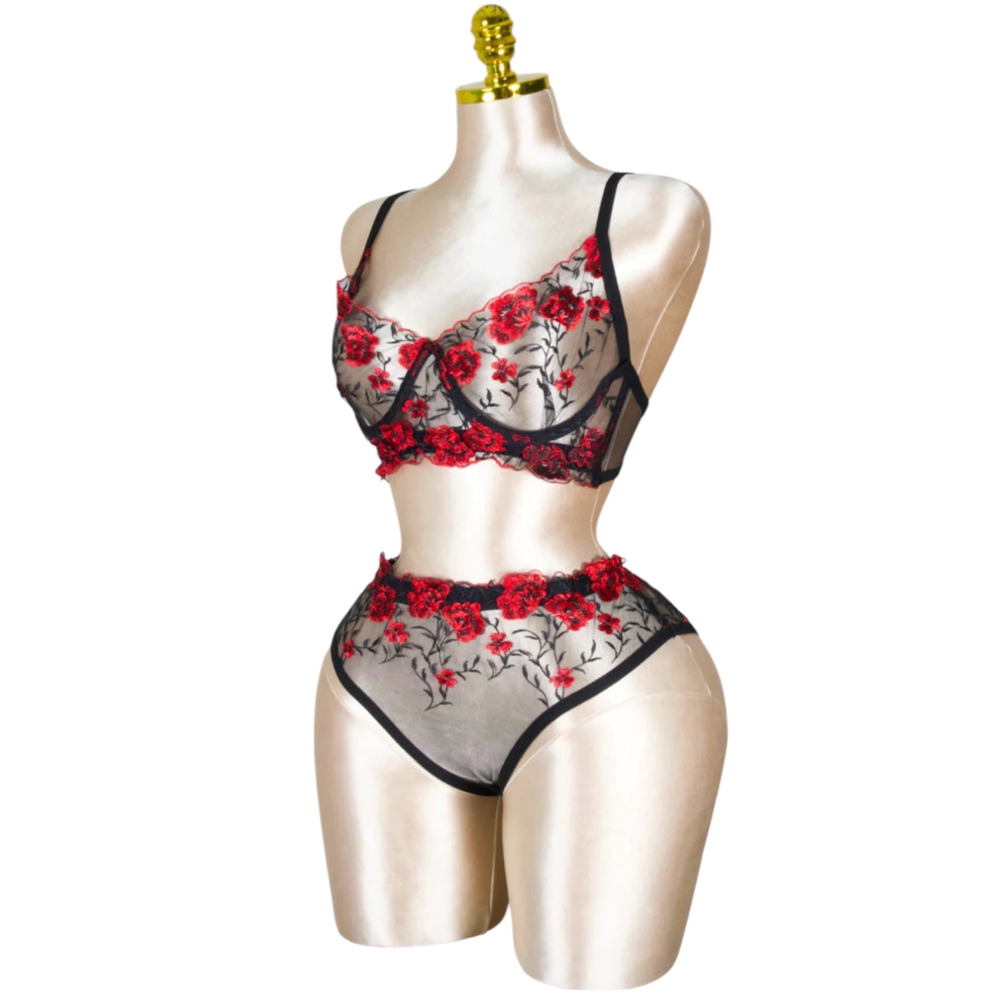 Floral Embroidered Lingerie Set - Black in Red
