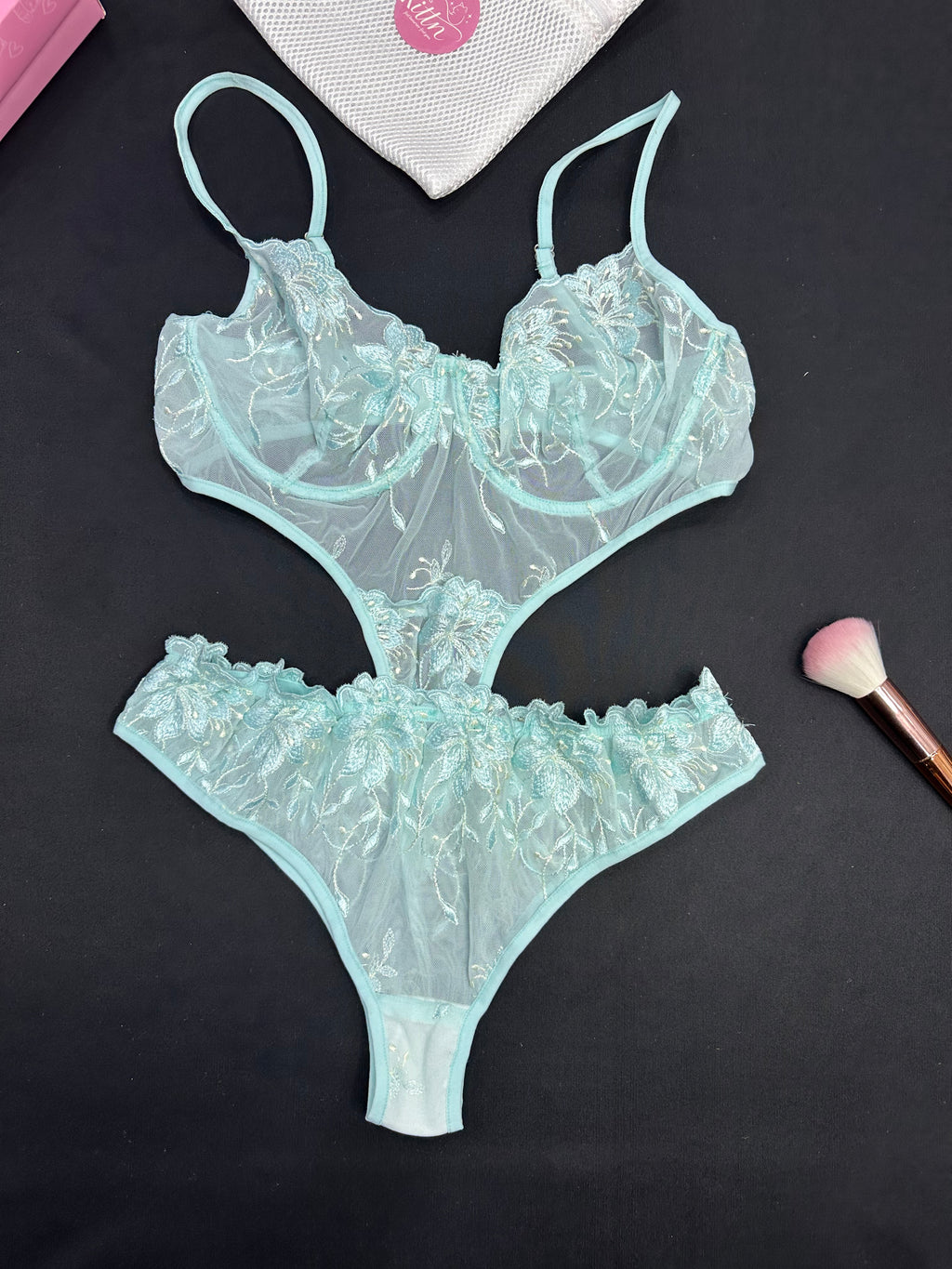 3-Piece Floral Lingerie Set Turquoise