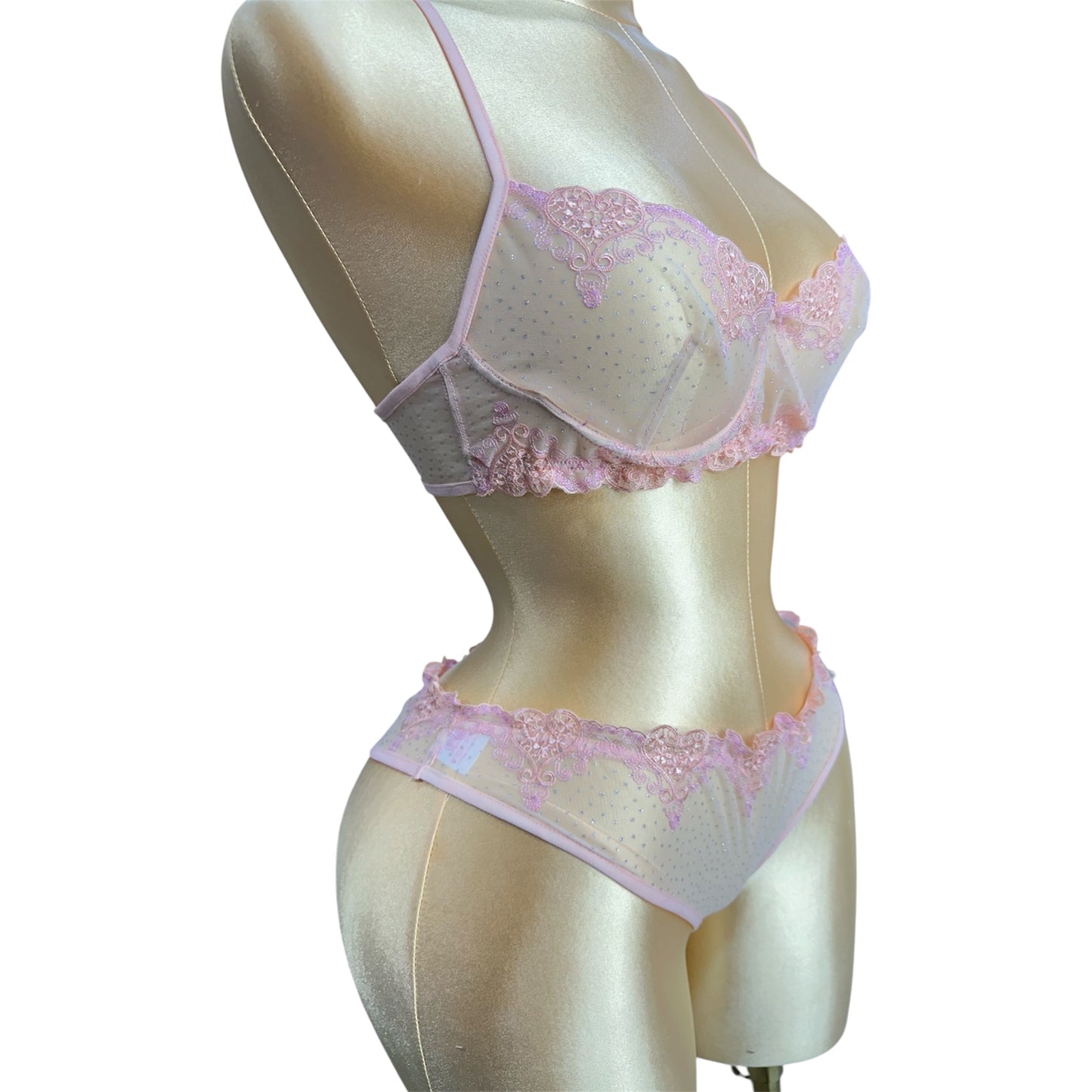 Floral Embroidered mesh Lingerie set Powder Pink