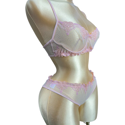 Floral Embroidered mesh Lingerie set Powder Pink