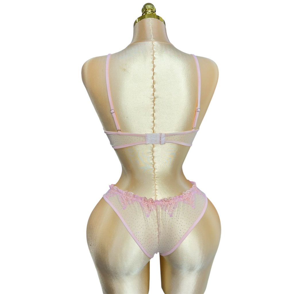 Floral Embroidered mesh Lingerie set Powder Pink