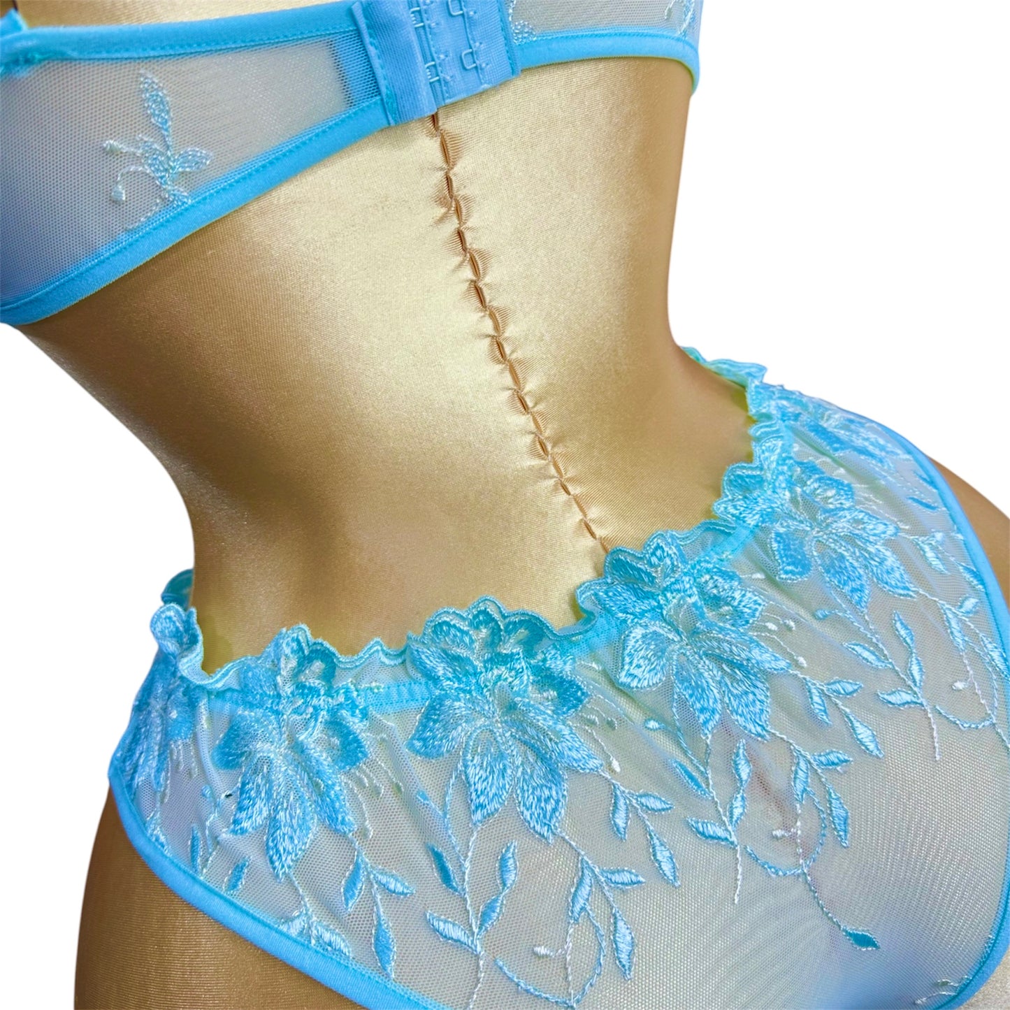 Floral Embroidered mesh Lingerie set Turquoise