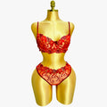 Floral Embroidered Lingerie Set - Red