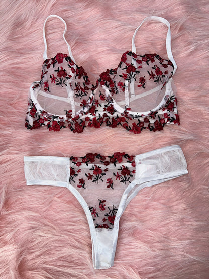 Embroidered mesh Lingerie set red and white
