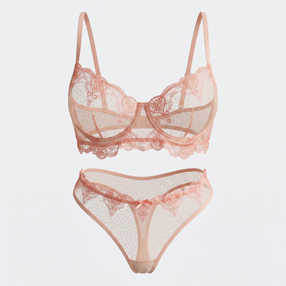 Floral Embroidered mesh Lingerie set Powder Pink