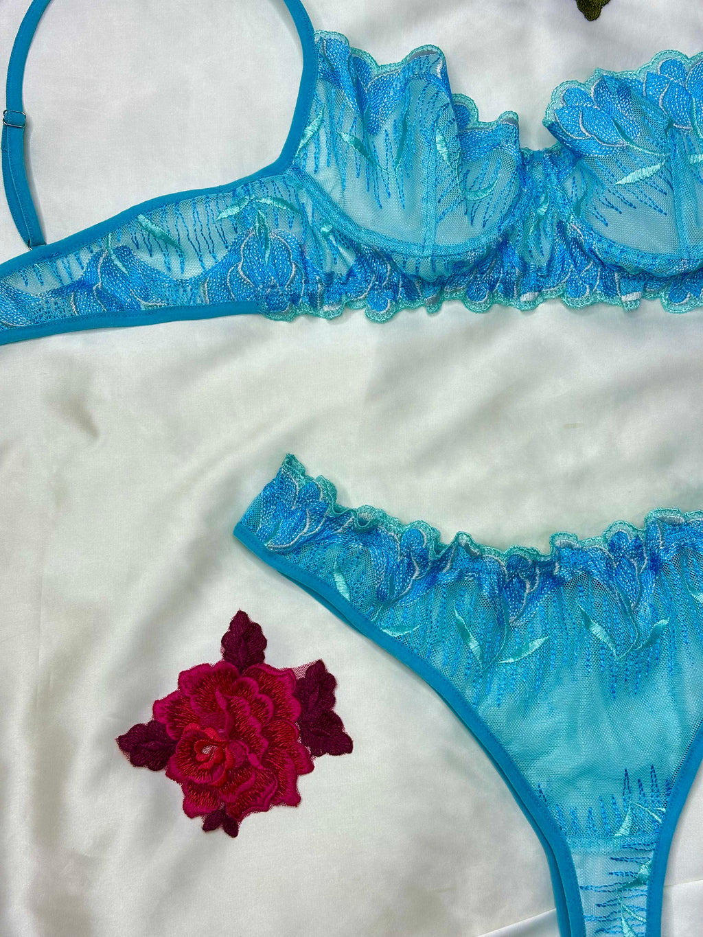 Floral Embroidered Lingerie Set - Powder Blue