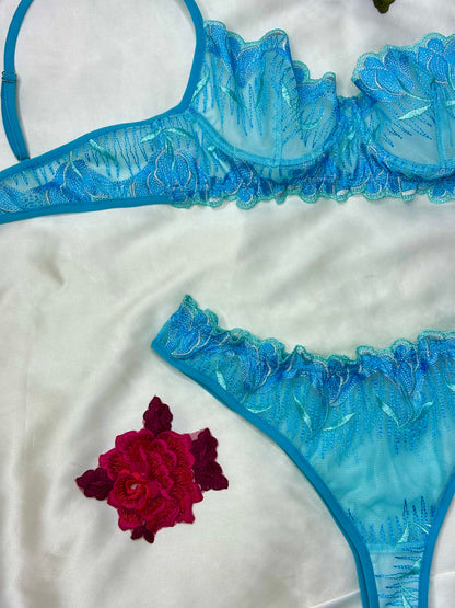 Floral Embroidered Lingerie Set - Powder Blue