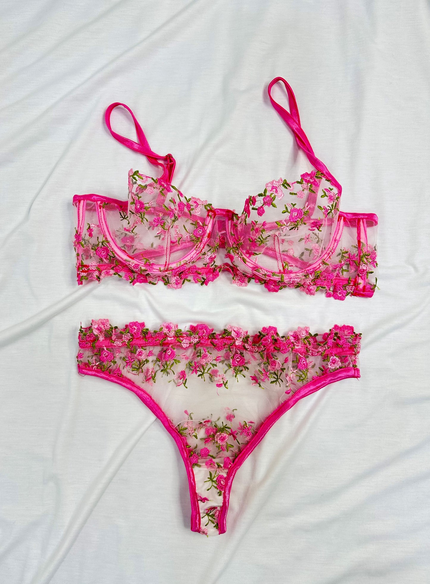 Floral Embroidered mesh Lingerie set pink