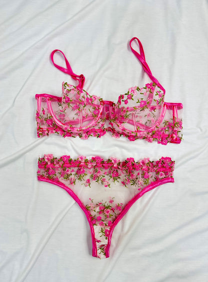 Floral Embroidered mesh Lingerie set pink