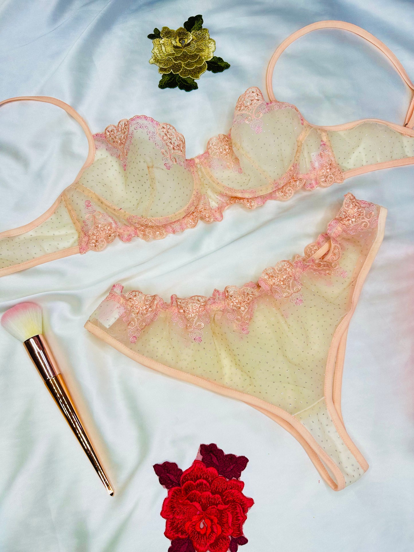 Floral Embroidered mesh Lingerie set Powder Pink
