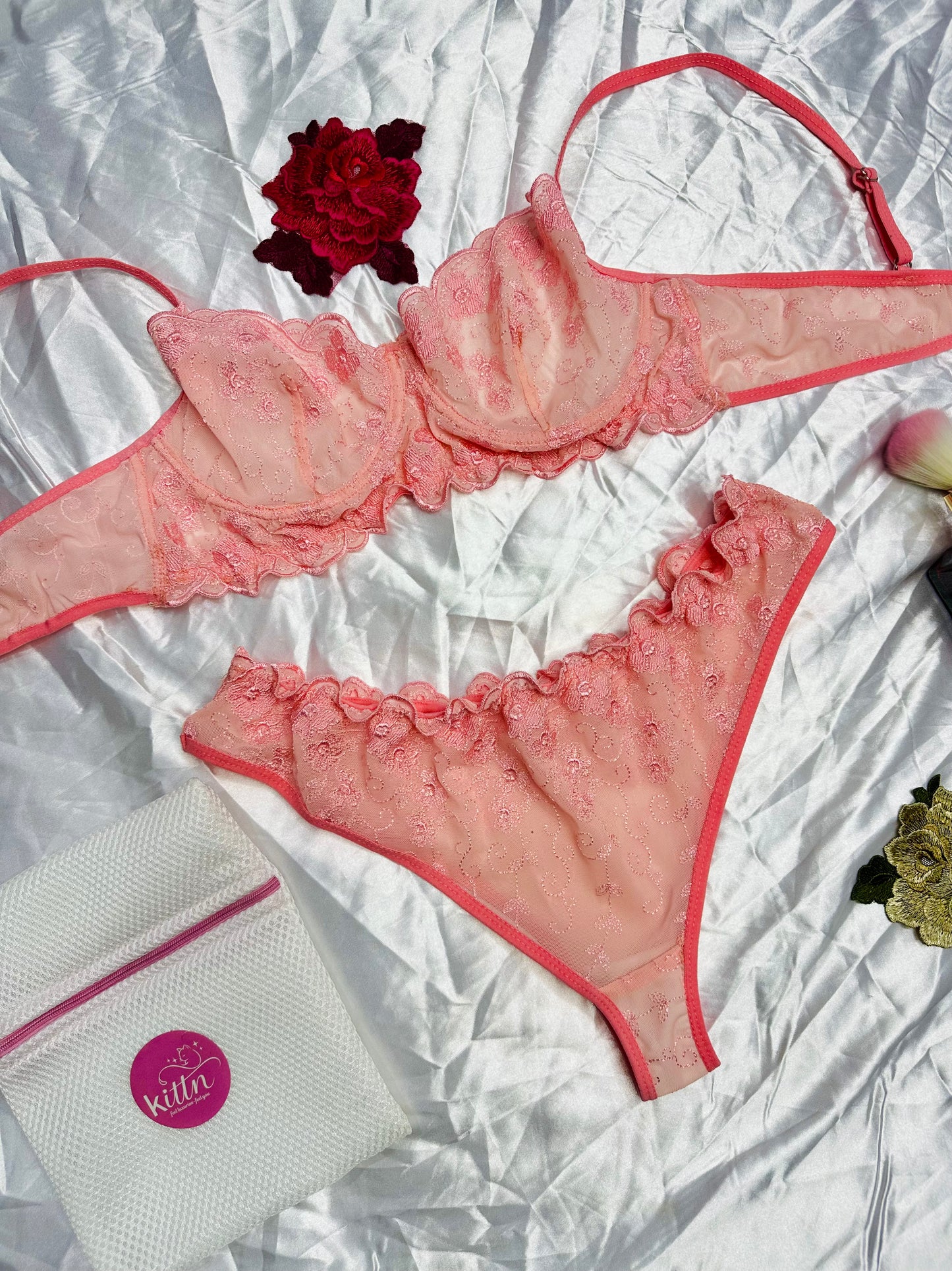 Floral Embroidered Lingerie Set - Rose