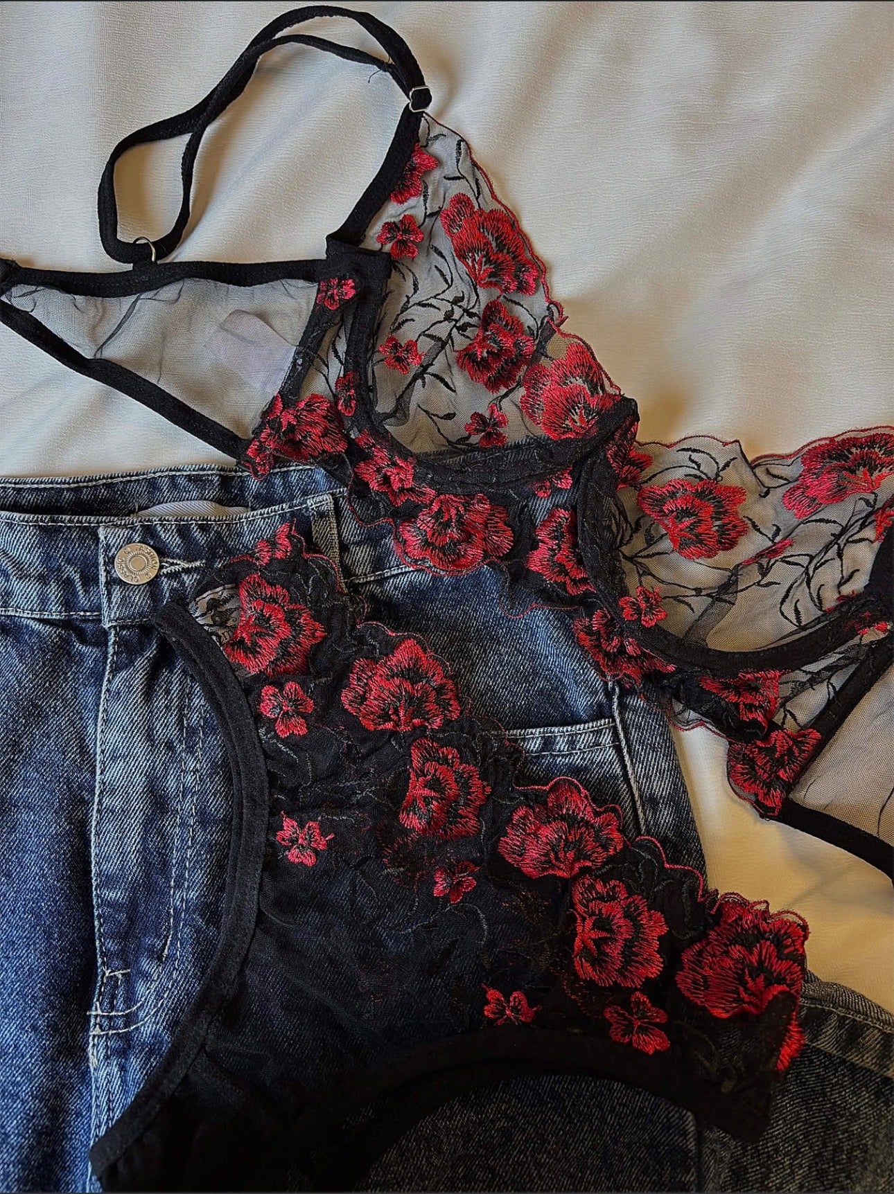 Floral Embroidered Lingerie Set - Black in Red