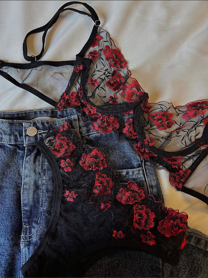 Floral Embroidered Lingerie Set - Black in Red