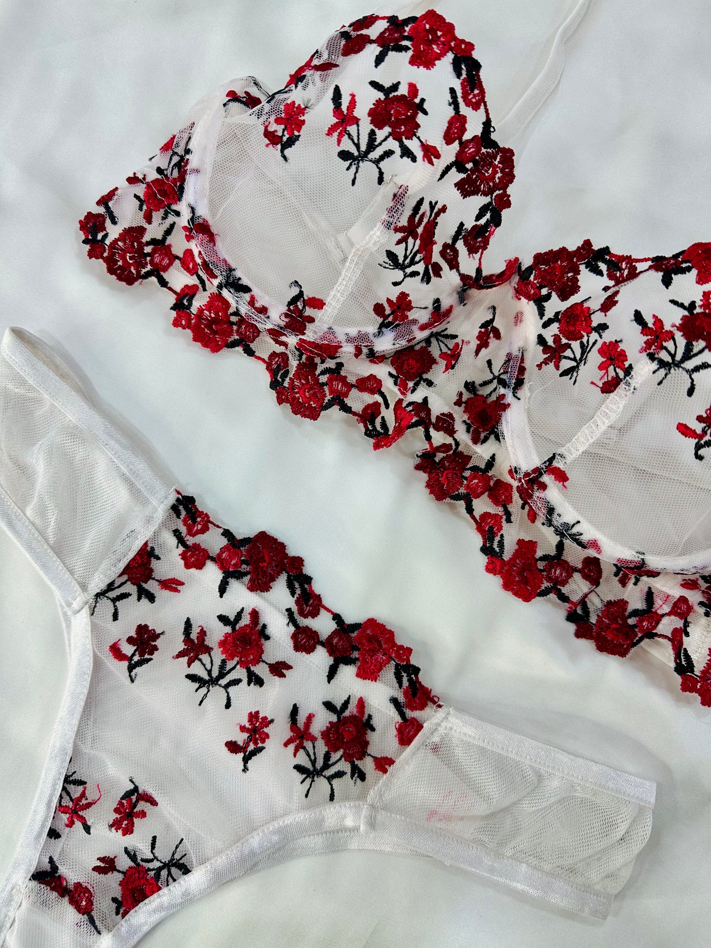 Embroidered mesh Lingerie set red and white
