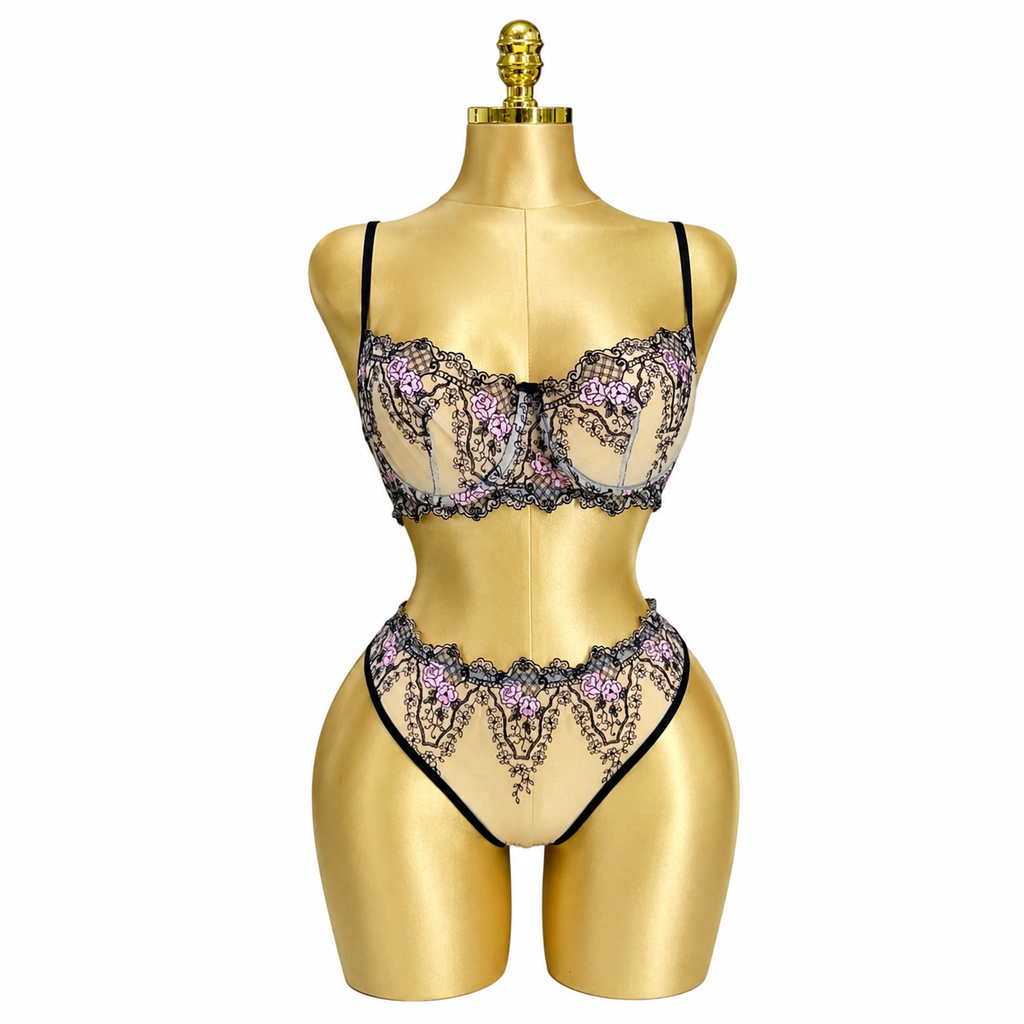 Floral Embroidered mesh Lingerie set 3