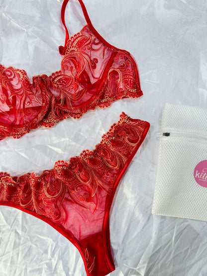 Embroidered Mesh Lingerie set Red