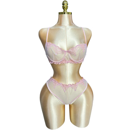 Floral Embroidered mesh Lingerie set Powder Pink