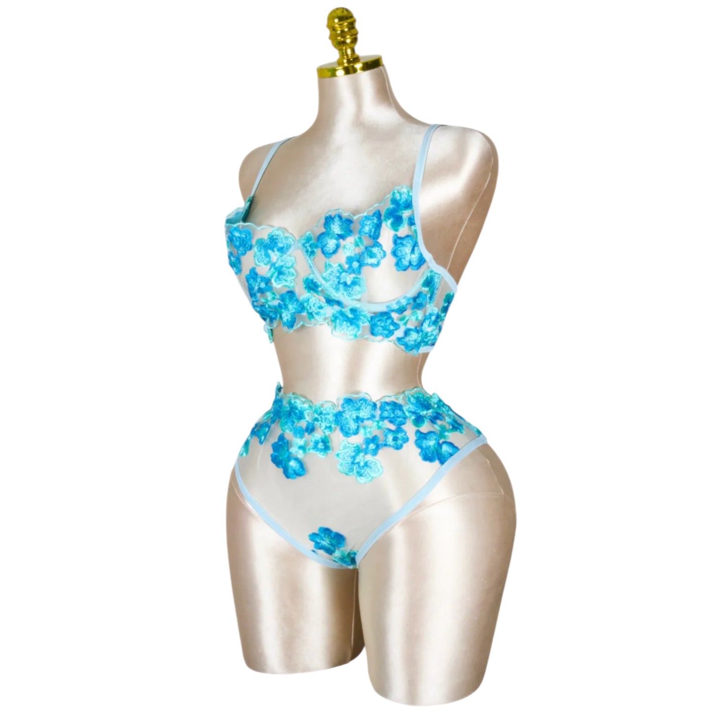 Floral Embroidered Lingerie Set - Baby Blue
